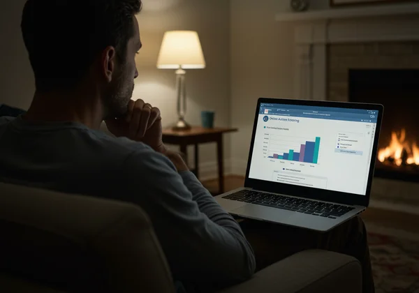 Adult viewing autism test results on a laptop screen.
