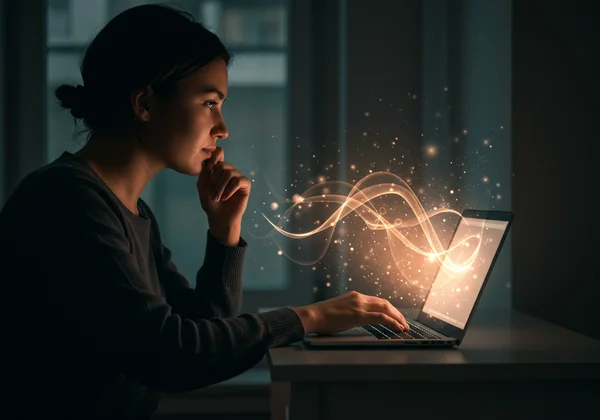 Person on laptop, abstract lines representing thought and self-discovery.