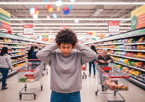 Person overwhelmed by sensory input in busy environment