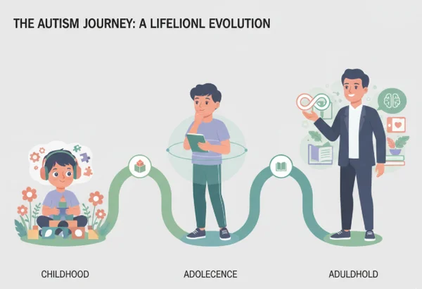 Illustrates autism journey from childhood to adulthood