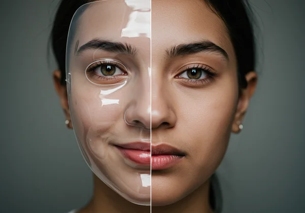 Person's face with a social mask overlay, hidden emotions