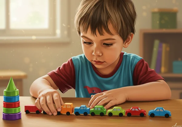 Kind reiht Spielzeug auf und zeigt wiederholendes Verhalten.
