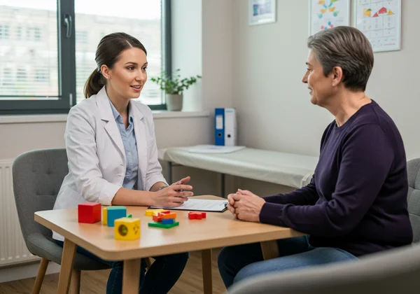 Clinician and adult in a calm assessment session.