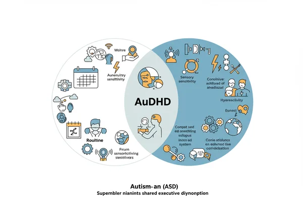 Venn-Diagramm, das die Überschneidung von Autismus- und ADHS-Merkmalen zeigt