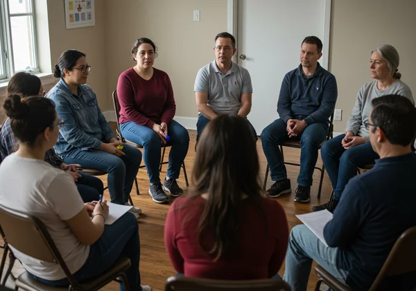 Diverse group of adults in a supportive autism community meeting