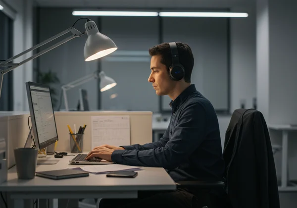 Employee using accommodations in a calm, modern office