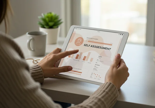 A person thoughtfully filling out a self-assessment form on a tablet